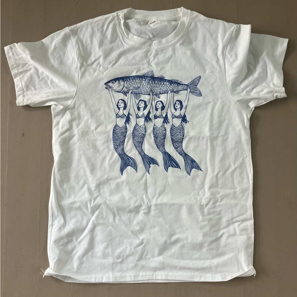White T-Shirt with Blue Mermaid Design